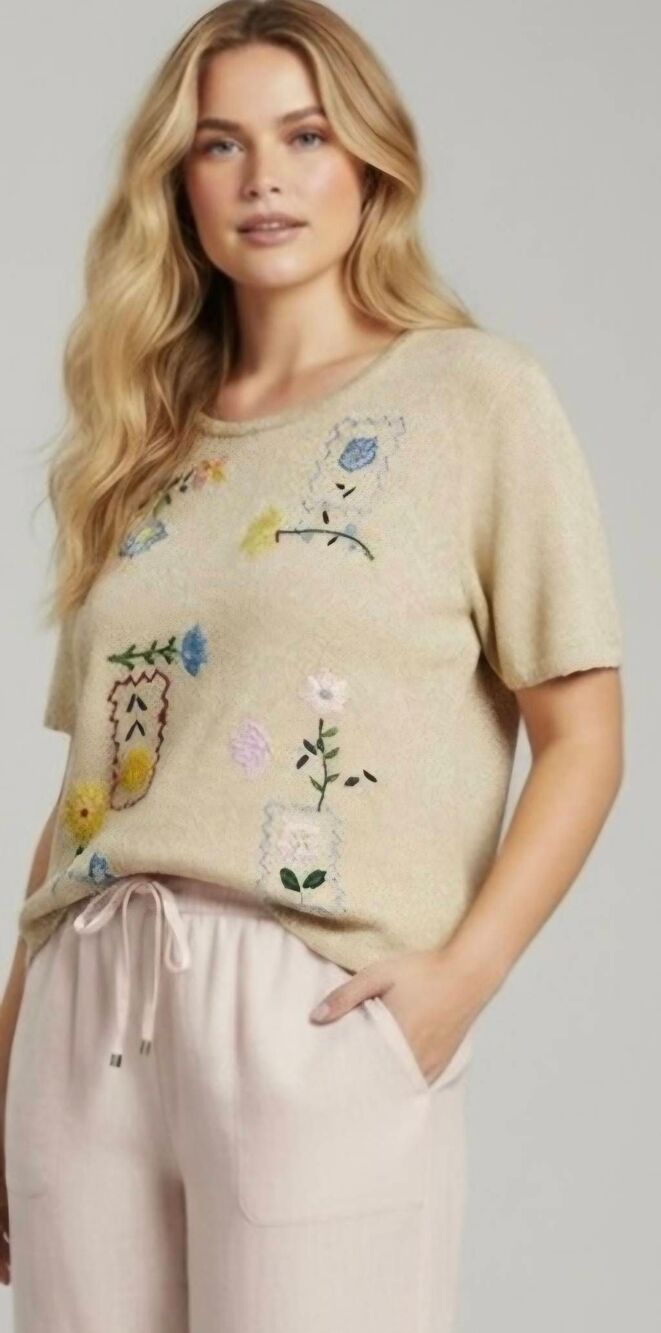 Salon Studio By Hanand Vintage Beige Floral Knit Sweater XXL Granny Hippy Retro